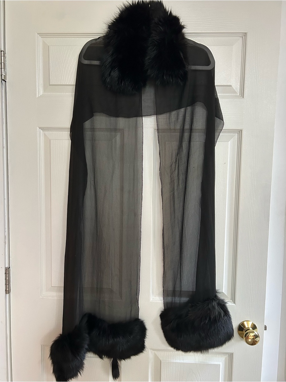 Vintage sheer black wrap with fox fur trim; Crocker Furs NYC; AS IS